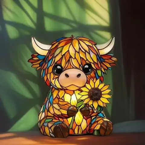 Creative Resin Highland Cow Night Light Sunflower Figurine Stained Glass Style European Home Decor Tabletop Lamp Gift Ornament