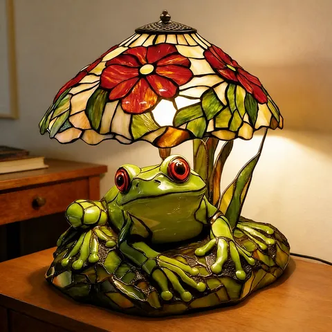 Kreative Harz Frosch Tischlampe Mit Tiffany Stil Glas Schirm Dekoratives Nachtlicht Für Schlafzimmer Heim Schreibtisch Ornament