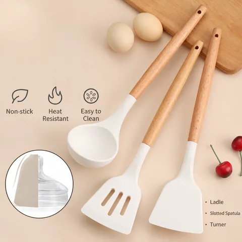Utensili da Cucina in Silicone Resistente al Calore Con Manico in Legno Spatola Mestolo da Zuppa Giratore Forato Per Padella Antiaderente Bianco Crema