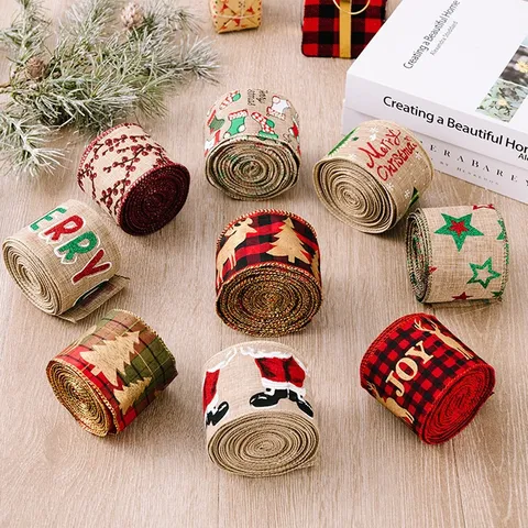 Rouleaux de Ruban de Jute de Noël Motif Renne Sapin Ruban de Lin à Bord Filaire Pour Emballage Cadeau Déco Sapin DIY Arts