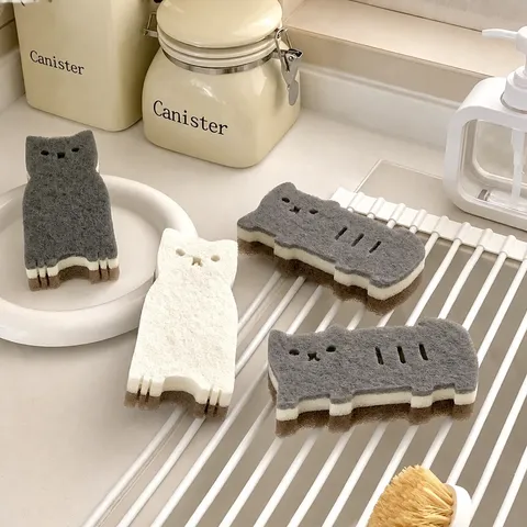 Cute Cat Dog Shape Kitchen Cleaning Sponges Thickened Scouring Pad Dish Washing Sponge Oil Removal Household Scrub Pads For Dishware Pot Pan Cleaning