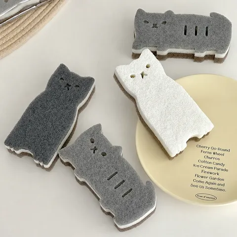 Cute Cat Dog Shape Kitchen Cleaning Sponges Thickened Scouring Pad Dish Washing Sponge Oil Removal Household Scrub Pads For Dishware Pot Pan Cleaning