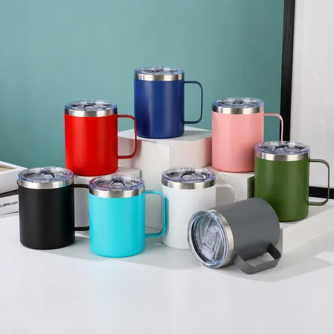 Tazza Termica da Caffè Inossidabile 12oz Con Manico E Coperchio Opaco Verniciato a Polvere Tazza da Birra Da Viaggio Per Ufficio Casa All'aperto