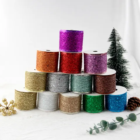 Christmas Decoration Ribbon Glitter Mesh Wire Edged Ribbon For Xmas Tree Decor Gift Wrapping Polyester Ribbon For Holiday Party Home Decor