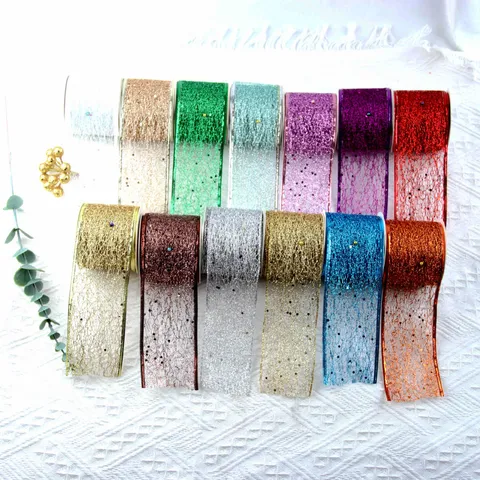 Christmas Decoration Ribbon Glitter Mesh Wire Edged Ribbon For Xmas Tree Decor Gift Wrapping Polyester Ribbon For Holiday Party Home Decor