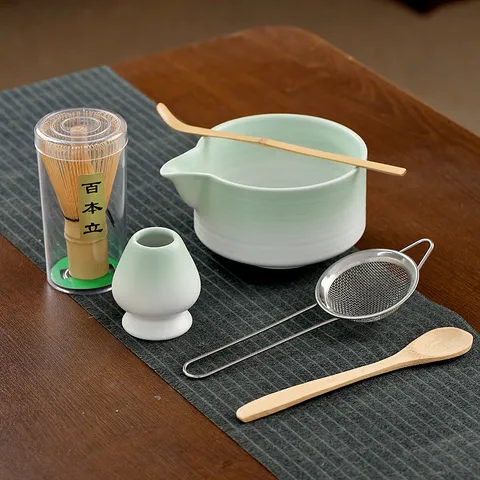 Retro Japanisches Matcha Kit Keramikschale Bambus Besen Chasen Halter Edelstahl Sieb Teezeremonie Werkzeuge Traditionelle Mischkollektion