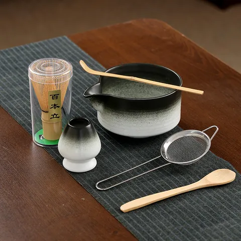 Retro Japanisches Matcha Kit Keramikschale Bambus Besen Chasen Halter Edelstahl Sieb Teezeremonie Werkzeuge Traditionelle Mischkollektion