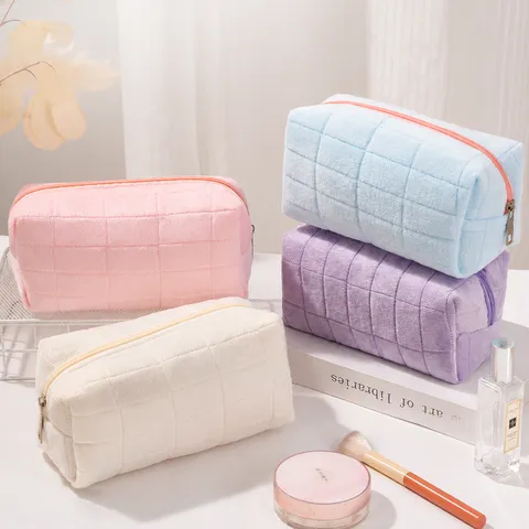 Soft Plush Corduroy Quilted Makeup Bag Checkered Cosmetic Pouch Travel Skincare Organizer Large Capacity Stationery Pen Case For Women