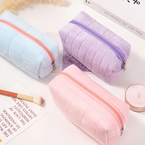 Soft Plush Corduroy Quilted Makeup Bag Checkered Cosmetic Pouch Travel Skincare Organizer Large Capacity Stationery Pen Case For Women
