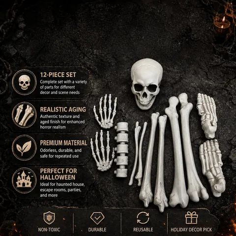 Gesimuleerde Menselijke Skeletbotten Voor Halloween Spookhuis Escape Room Decoratie Horror Rekwisieten Plastic Schedel Decor