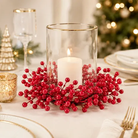 Guirnalda de Bayas Rojas Artificiales Decoración de Navidad Anillo de Vela de Bayas Rojas para Mesa Pared Hogar