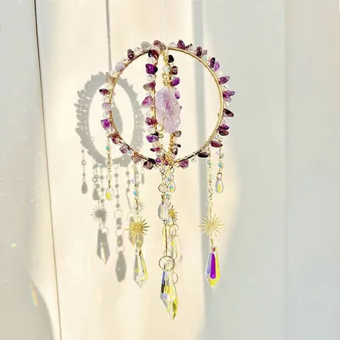 Natuurlijk Ruw Kristal Zonvanger Handgemaakt Met Draad Omwikkeld Venster Hangend Ornament Kwartsgong Regenboogmaker Boho Decor