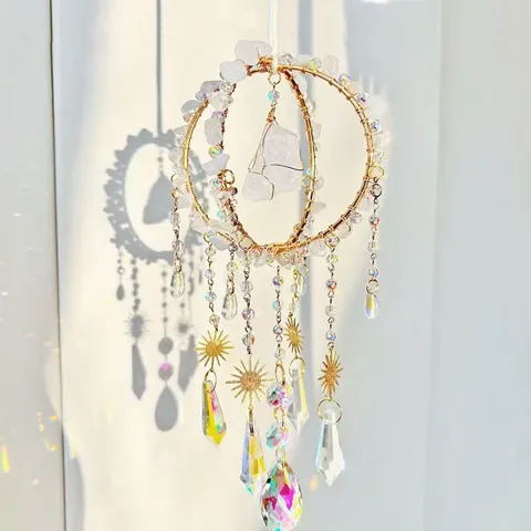 Natuurlijk Ruw Kristal Zonvanger Handgemaakt Met Draad Omwikkeld Venster Hangend Ornament Kwartsgong Regenboogmaker Boho Decor