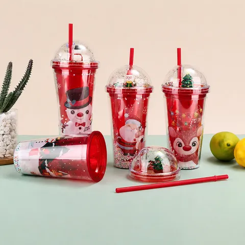 Kerst Dubbelwandige Kunststof Beker met Rietje Geïsoleerde Beker Met Kerstman Sneeuwpop 3D Figuur Deksel Glitter Waterfles Voor Kantoor Buiten