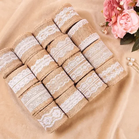 Rustic Jute Burlap Ribbon Roll With White Lace Trim For DIY Crafts Wedding Christmas Party Decoration Vintage Burlap Lace Ribbon For Gift Wrapping