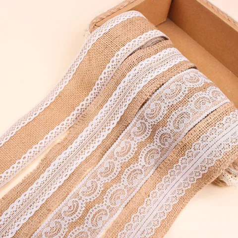 Rustic Jute Burlap Ribbon Roll With White Lace Trim For DIY Crafts Wedding Christmas Party Decoration Vintage Burlap Lace Ribbon For Gift Wrapping