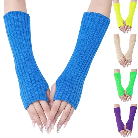Long Ribbed Knit Arm Warmers Acrylic Fingerless Gloves With Thumb Hole Winter Warm Solid Color Unisex Sleeves