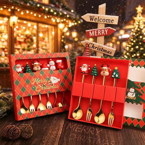 Weihnachts Edelstahl Löffel Und Gabeln Cartoon Weihnachtsmann Rentier Dessert Kaffee Geschirr Geschenkbox