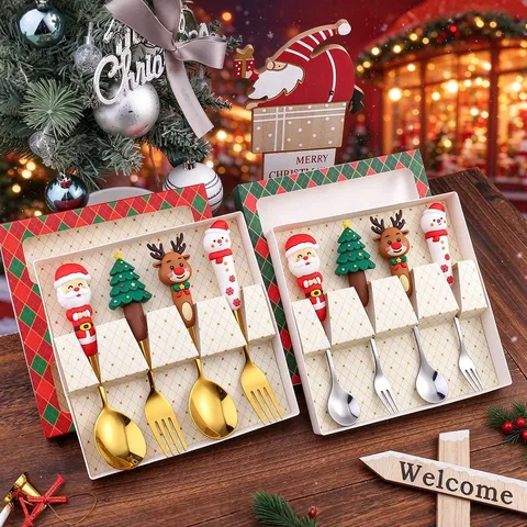 Weihnachts Edelstahl Löffel Und Gabeln Cartoon Weihnachtsmann Rentier Dessert Kaffee Geschirr Geschenkbox