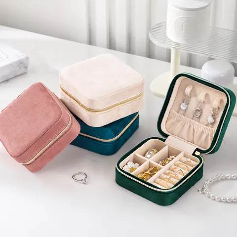 Sieradendoosje Mini Draagbaar Fluweel Reis Sieraden Organizer Etui Met Rits Voor Ringen Oorbellen Kettingen Effen Kleur