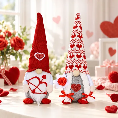 Valentine's Day Gnome Plush Set Heart Sequin Knitted Faceless Doll With Rose And Arrow Red White Gray Festival Home Decor Ornament