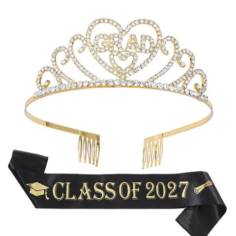 2026 Graduation Party Crown And Sash Set Alloy Rhinestone Tiara Letter Sash For Graduates Graduation Ceremony Decorations