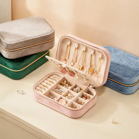 Portable Jewelry Box Plush Velvet Travel Case With Zipper Multi Compartments For Earrings Rings Necklaces Elegant Storage