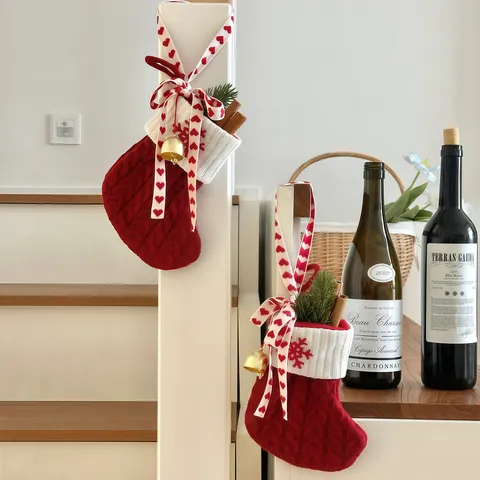 Calza di Natale in Maglia Bianca Rossa con Fiocco di Neve Ornamento Pendente Decorazione Fai da Te per Casa Festa Regalo