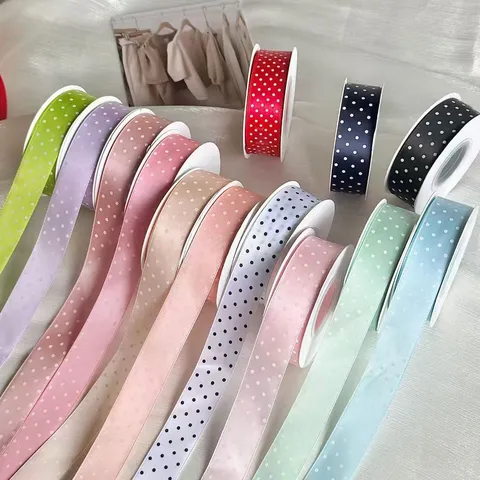 Ruban Satin à Pois en Polyester Imprimé Pour Accessoires Cheveux DIY Emballage Cadeau Mariage Anniversaire Fête Décorations Ruban
