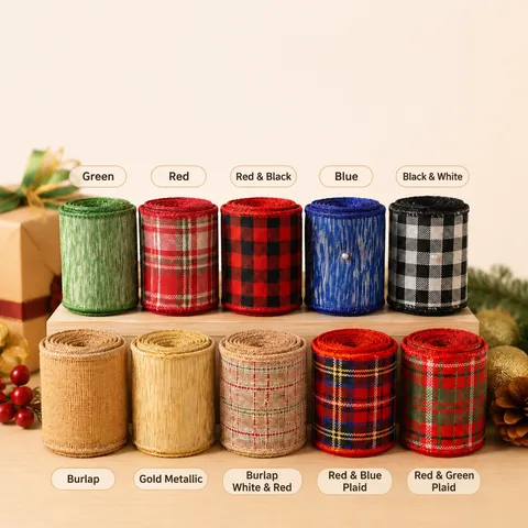 Christmas Plaid Ribbon Wired Edge Linen-like Burlap Buffalo Check Decorative Ribbon For Christmas Tree DIY Crafts Gift Wrapping