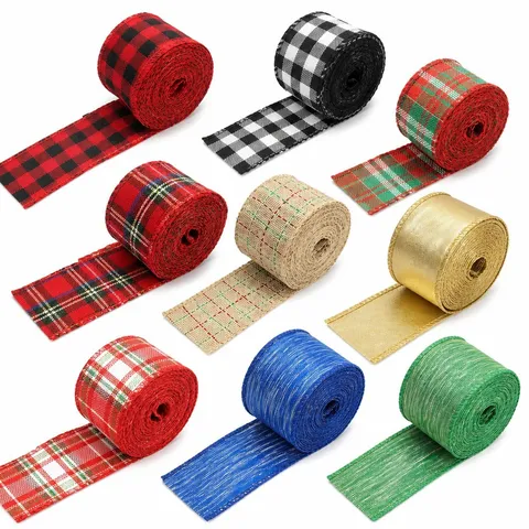 Christmas Plaid Ribbon Wired Edge Linen-like Burlap Buffalo Check Decorative Ribbon For Christmas Tree DIY Crafts Gift Wrapping