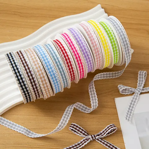 Plaid Scalloped Ribbon Wave Edge Macaron Gingham Ribbon For DIY Hair Bows Headwear Gift Wrapping Sewing Polyester Cotton Trims