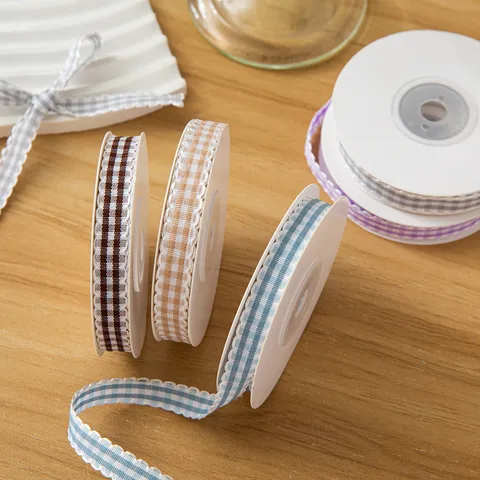 Plaid Scalloped Ribbon Wave Edge Macaron Gingham Ribbon For DIY Hair Bows Headwear Gift Wrapping Sewing Polyester Cotton Trims
