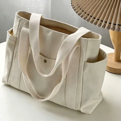 Women Large Capacity Canvas Tote Bag Artsy Multi-Pocket Shoulder Bag For School Commute Minimalist Versatile Cotton Canvas Handbag