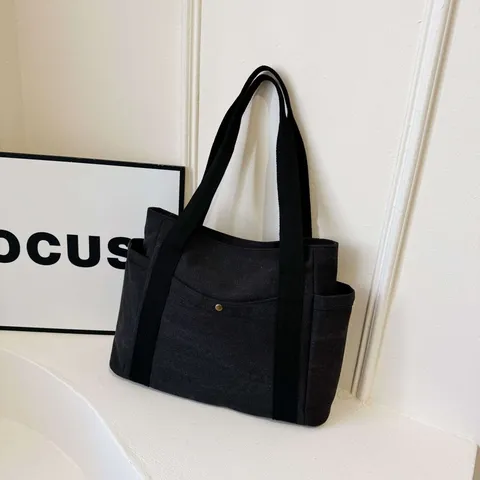 Women Large Capacity Canvas Tote Bag Artsy Multi-Pocket Shoulder Bag For School Commute Minimalist Versatile Cotton Canvas Handbag