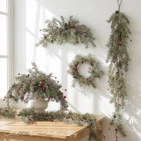 Artificial Christmas Pine Cone Red Berry PE Leaf Wreath Vine Branch Swag For Xmas Tree Home Holiday Party Wall Decor