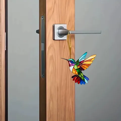 Decorazione Natalizia a Forma di Colibrì Piatto in Acrilico Pendente per Specchietto Retrovisore Auto Stile Vetrata Regalo Festivo
