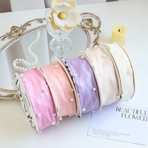 Pearl Embellished Yarn Artificial Pearl Ribbon For Flower Bouquet Packaging DIY Crafts Woven Decorative Ribbon For Wedding Party Gift Wrap