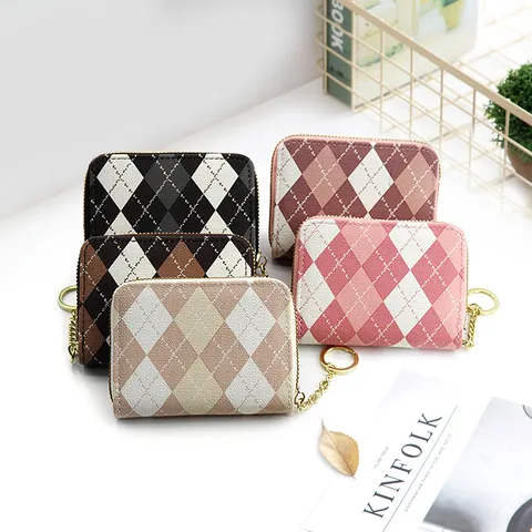 Women Korean Argyle Printed PU Leather Zipper Card Holder Small Accordion Coin Purse With Keychain Metal Ring Fashion Wallet