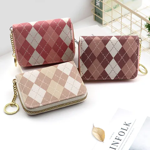 Women Korean Argyle Printed PU Leather Zipper Card Holder Small Accordion Coin Purse With Keychain Metal Ring Fashion Wallet