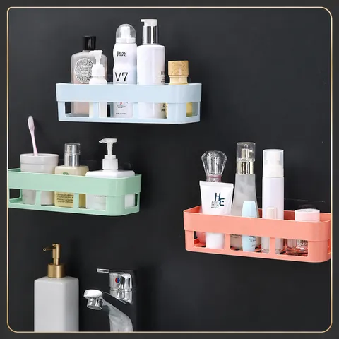 Rectangular Adhesive Wall Mounted Bathroom Shelf Plastic Nordic Style Drainage Storage Rack For Kitchen Toilet Organizer