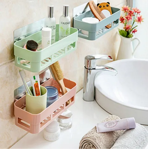 Rectangular Adhesive Wall Mounted Bathroom Shelf Plastic Nordic Style Drainage Storage Rack For Kitchen Toilet Organizer