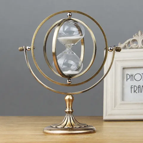 European Retro Rotating Globe Hourglass 15 Minutes Sand Timer Zinc Alloy Glass Vintage Desktop Ornament For Office Home Study Gift