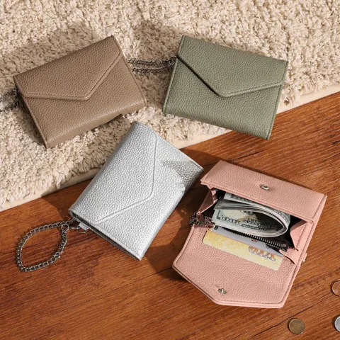 Women's Minimalist Lychee Pattern PU Leather Envelope Wallet Metal Chain Slim Card Slot Zipper Coin Pocket Clutch