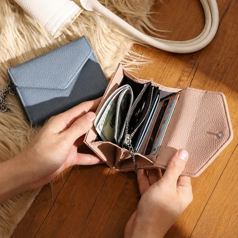 Women's Minimalist Lychee Pattern PU Leather Envelope Wallet Metal Chain Slim Card Slot Zipper Coin Pocket Clutch