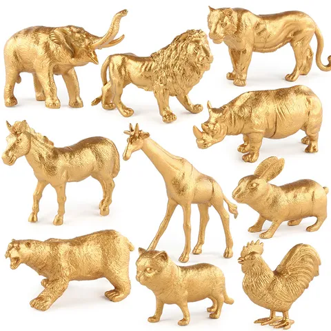 Figurina Modello Animale Dorato Realistica Scultura in Plastica Animali Selvatici Finitura Metallica Ornamento Casa Giocattolo Educativo