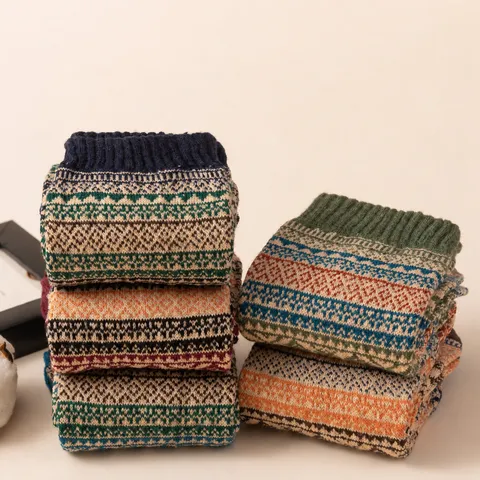 Vintage Etnische Stijl Langstapelig Katoen Halfhoge Sokken Voor Heren Amekaji Geometrische Jacquard Verdikt Warm Winter Mode Sokken