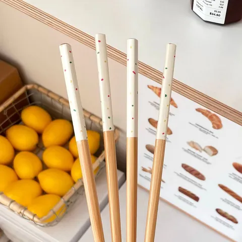 Natural Bamboo Chopsticks Korean Ins Style Reusable Chopsticks With Colorful Polka Dot Star Pattern For Home Dining Restaurant Kitchen Tableware