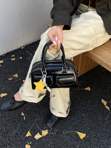 Vintage Oil Wax PU Leather Bowling Bag Multi Pocket Underarm Bag Minimalist Commuting Top Handle Shoulder Bag With Star Pendant For Women