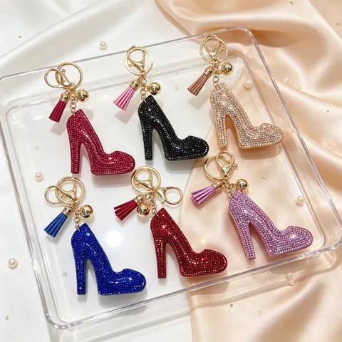 Fashion Rhinestone High-Heeled Shoe Keychain Luxury Alloy Crystal Bag Pendant With Leather Tassel For Women Handbag Charm Gift